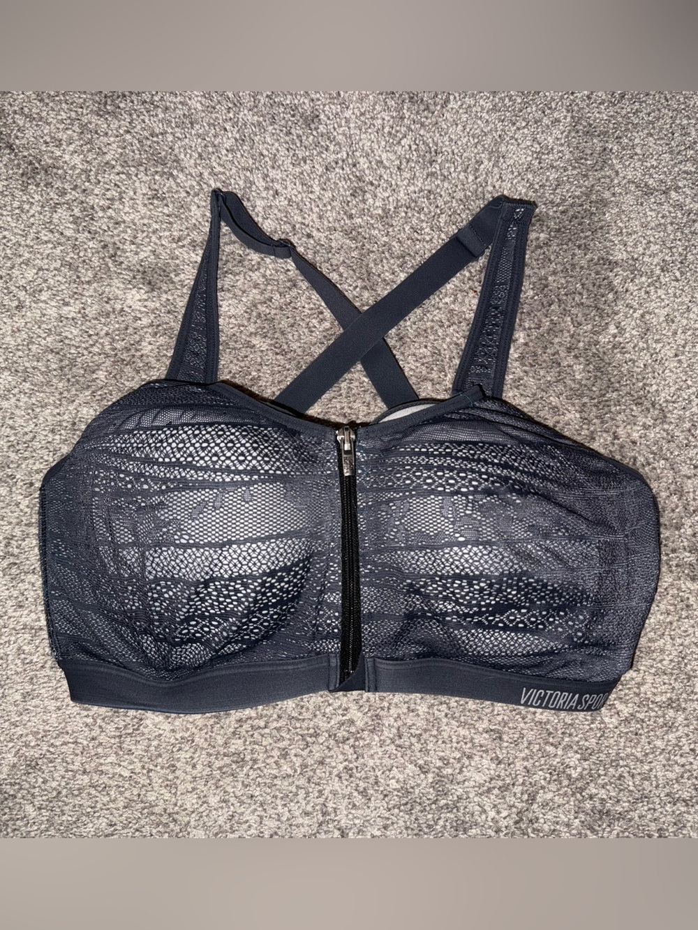 Victoria's Secret Black Lace Front-Zip Sports Bra with Crisscross Straps